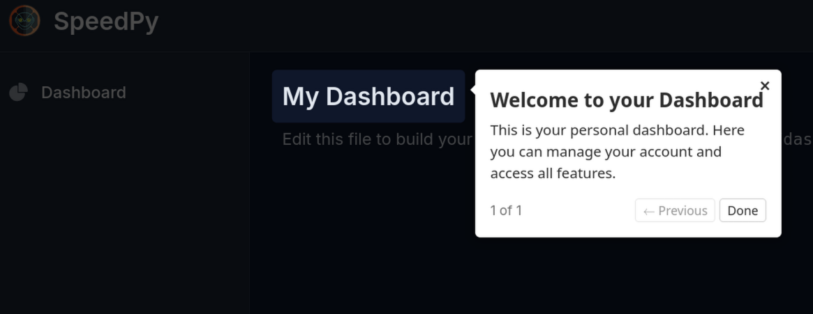 Onboarding tour popover on the dashboard